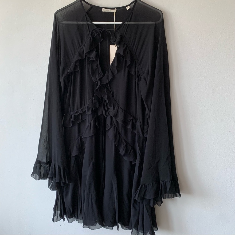 NWT Doen Clarisse Silk Ruffle Flowy Sheer Long Sleeve Mini Dress Black - Picture 9 of 15